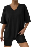 Demegimi Tops for Women Short-Sleeve T-Shirt V-Neck Casual Loose Shirt Holiday Vacation Clothes for Ladies