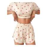 Demegimi Womens Striped Cotton Pajama Set, 2-Piece, Short Sleeve, Beige