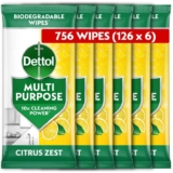 Dettol Antibacterial Multipurpose Cleaning Biodegradable Wipes, Citrus Zest, 756 Wipes (126 x 6pck)