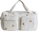 Diaper Tote Bag, Quilted Baby Changing Bag with Teddy Bear Embroidery, Large Capacity White Maternity Bag for Hospital Travel, Baby Nappy Storage Tote with Multiple Pockets