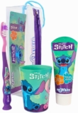 Disney Stitch Kids Toothbrush Set Gift BPA-Free Extra Soft Bristles Toothbrush with Protection Cap, Suction Cup, Mint Flavour Toothpaste, Multi-Purpose Cup, Toiletry Bag for Children Aged 3-12