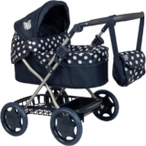 Dolly Tots Cherish Dolls Pram Navy & White, Adjustable Handle & Hood, Fold Flat Design, Includes Matching Changing Bag, Removable Apron & Under Seat Storage Toy Pram for Kids Role Play 3
