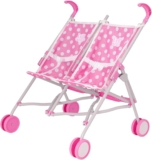 Dolly Tots Twin Stroller Pink Polka Dot Double Dolls Pram for Kids Age 2 Tandem Pushchair Lightweight Umbrella Fold Buggy Role Play Toy Stroller for Girls & Boys