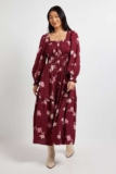 Dorothy Perkins Petite Berry Floral Square Neck Blouson Sleeve Tiered Maxi Dress