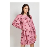 Dorothy Perkins Pink Floral Gathered Bodice Lace Back Long Sleeve Mini Dress