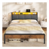 Double Bed Frame 135×190 Cm with LED, Upholstered Headboard, Brown