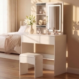 Dressing Table with LED Lighting Mirror, 3 Lighting Modes Adjustable Brightness,Vanity Table,Makeup Desk with 2 Drawers, Modern White Dressing Table