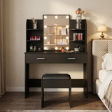 Dressing Table with Mirror and Stool,Makeup Vanity Table with LED Lights,Vanity Makeup Desk with 2 Drawers & 6 Open Shelves for Girls Bedroom,Black