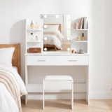 Dressing Table with Mirror and Stool,Makeup Vanity Table with LED Lights,Vanity Makeup Desk with 2 Drawers & 6 Open Shelves for Girls Bedroom,White