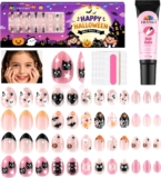 EBANKU Halloween Kid Press on Nails, 96 Pcs Almond Fake Nails Kit Full Cover Bat Pumpkin Wed Design Stick on Nail with Nail Glue for Girl