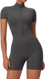 ECUPPER Womens Zip Up Gym Jumpsuit all in one Yoga Unitards Short Sleeve Romper Suits Workout Bodysuit Scrunch Bum Playsuits