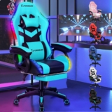 ELFORDSON Gaming Chair with RGB LED Light, 8-Point Massage Computer Office Chair with Lumbar Support Footrest 82cm High Back 150 Recliner, Black & Cyan