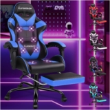 ELFORDSON Massage Gaming Chair for Kids Adults, Ergonomic Computer Office Chairs with Headrest, Lumbar Cushion, Footrest, High Back 150 Reclining, 360 Swivel, PU Leather, Blue