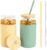 EVERGOODS 2-Set Reusable Can-Shaped Glass Cups with Bamboo Lids & Glass Straws Beige & Pink Borosilicate Tumblers for Smoothies, Juice, Beer, Soda, Tea (Beige Green)
