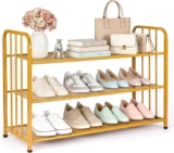 EVERGOODS 3 Tier Metal Shoe Rack 80X27X53cm Free-Standing Space Saving Gold Shoe Organizer with Handles for Closet Hallway Entryway