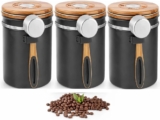 EVERGOODS Coffee Canister Airtight 1300 mL with Date Dial & Scoop Holder, Matte Black Bean Storage Jar with Wooden Lid, Sealed Container for Coffee, Tea, Sugar Dry Food (3Pcs)