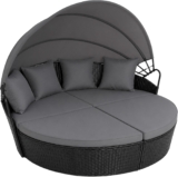 EVRE Bali 4 Piece Modular Round Rattan Wicker Patio Garden Furniture Daybed Sun Lounger Set with Extendable Canopy and Conversation Seat Cushions (Black)