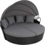 EVRE Bali 4 Piece Modular Round Rattan Wicker Patio Garden Furniture Daybed Sun Lounger Set with Extendable Canopy and Conversation Seat Cushions (Black)