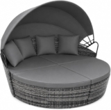EVRE Bali 4 Piece Modular Round Rattan Wicker Patio Garden Furniture Daybed Sun Lounger Set with Extendable Canopy and Conversation Seat Cushions (Mixed Grey)