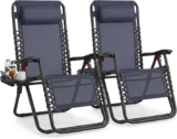 EXCLUSIVESongmics Set of 2 Zero Gravity Recliners Adjustable Folding with Cup Holder Trays (Blue / Black / Grey) W/Code