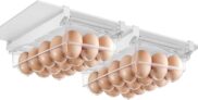 Egg Storage Drawer Double Layer Pull-Out Fridge Organizer with Handle, Transparent Under-Shelf Drawer for Eggs, Fruits, Vegetables, Meat, Space-Saving Refrigerator Storage