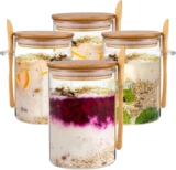 Eidoct 4-Pack Overnight Oats Containers with Wooden Lids and Spoon 16 oz Overnight Oats Jars, Glass Food Storage Container for Oatmeal, Chia Pudding, Yogurt, Salad, Cereal
