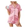 Ekouaer Ladies Silk Satin Pajama Set, Short Sleeve, Pink XXL