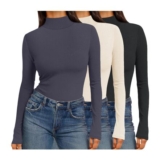 Ekouaer Womens Ribbed Long Sleeve Tops, Basic, Black/Dark Grey/Beige, XL