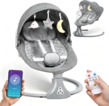 Electric Baby Swing Chair with Bluetooth Remote Control, Cordless Infant Swing with 5 Adjustable Speeds, 12 Music Options, 3 Timers, 3 Backrest Angles, 5-Point Harness, Portable Baby Swing