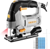 Electric Jigsaw Tool: DEKOPRO 800W Power Jig Saws with LED Light Laser, 4 Orbital Sets, 6 Variable Speed, 800-3000 SPM, 45Bevel Cutting Cut Blades, with 10 PCS Sawblades for Wood, Metal, Plastic