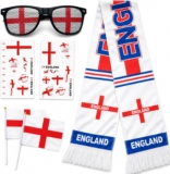 England Fan Set for Major Football Event 2026 – England Scarf, Flag Design Glasses, 2 Hand Held Flags & 2 Tattoo Sticker Sheets Premium England Accessories Kit for Match Day