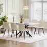 Extendable Dining Table and Chairs Set 6, 120-160cm Marble Effect Table with 6 Beige Upholstered PU Leather Chairs for Dining Room, Kitchen