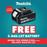FREE 3.0Ah 18V Battery when you spend £250 (Ex VAT) on Makita LXT Tools