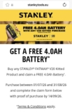 FREE Stanley 4AH battery when you buy any v20 Fatmax tool