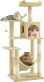 Feandrea Cat Tree Tower, 143 cm Multi-Level Plush Cat Condo with 4 Scratching Posts, 2 Perches, Cave, Hammock, Pompoms, Beige PCT161M01