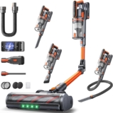 Fieety Cordless Vacuum Cleaner, 600W 50KPA Stick Vacuum with Touch Screen Auto-mode, 65 Mins Lightweight Home Vacuum with 180 Foldable Wand &1M Hose, Wall-Charging, Aroma, for Hard Floor Carpet Hair