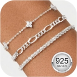 Finrezio 3 Pcs 925 Sterling Silver Bracelet for Women 14K Gold Plated Figaro Chain Bracelet Set Adjustable Cubic Zirconia Chain Bracelets Stackable Jewellry for Women Silver/Gold/Rose Gold