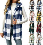 Fleece Jacket Women Checkered Sleeveless Hooded Button Gilet with Pockets Soft Brushed Checkered Fleece, Fixed Hood, Button Front, Side Pockets Cool Autumn and Winter Casual Outfits