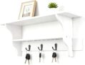 Floating Shelves Wall Mounted Shelves with Hook Rack for Bedroom Living Room Kitchen Bathroom Wood Floating Shelf for Wall Storage Key Holder Bag Rack Organizer White