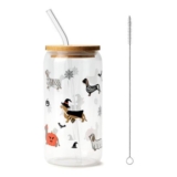 FloralGrace Dachshund Bats Glass Mug, 500ml with Lid and Straw