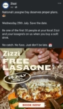 Free lasagne 29th July