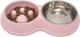 Fur & Bone Double Slow Feeder Dog Bowl Raised Dog Bowl with Non-Slip Bottom Stainless Steel Bowl Detachable Raised Cat Bowl (Pink)
