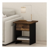 Furinno Modern Side Table with Storage Bin, Amber Oak