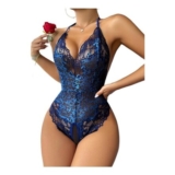 GIVTULIP Halter Neck Lace Bodysuit See-through Blue