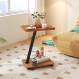 GOLDFAN Mobile Side Table with Wheels, 2-Tier Small Coffee Table for Sofa & Bed, Telephone Table for Living Room, Bedroom, Balcony, Wooden Effect with Black Metal Frame, 403056.5cm