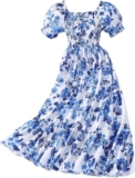 GORGLITTER Girls Floral Summer Dresses Square Neck Puff Short Sleeve A Line Smocked Flowy Ruffle Midi Dress 8-12 Years