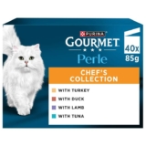 GOURMET Perle Chefs Collection Adult Wet Cat Food Mini Fillets in Gravy Variety Turkey, Tuna, Duck, Lamb 40 x 85g Pouches with voucher
