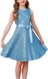 GRACE KARIN Girls A-Line Sequin Party Dress Round Neck Sleeveless Dress with Bow