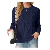 GRECERELLE Womens Crew Neck Cable Knit Sweater Navy Blue L