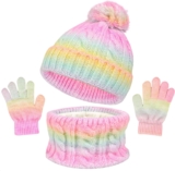 GWAWG Kids Hat Scarf Gloves Set 3-in-1 Winter Knitted Pom Pom Beanie, Neck Warmer & Gloves for Boys Girls, Soft Fleece Lined Gradient Hat Scarf and Gloves Set for Children Aged 310 Pink